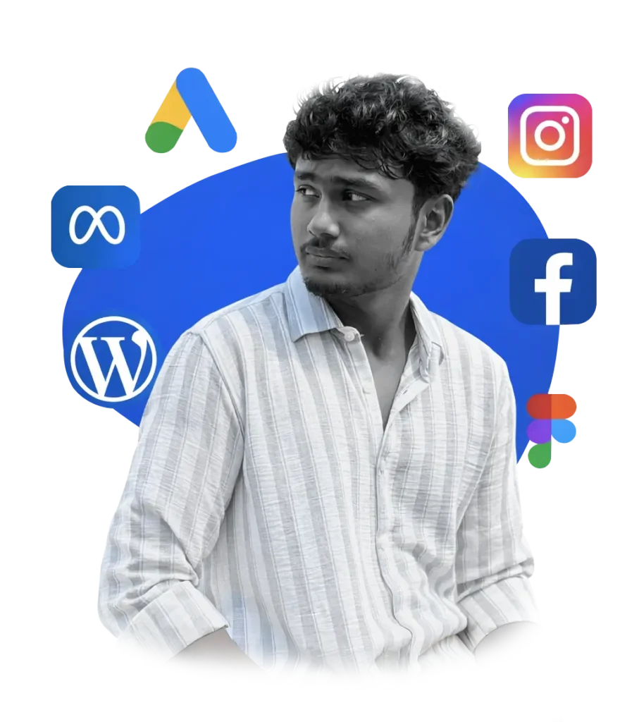 Portrait of the Best Digital Marketing Specialist in Alappuzha, with logos of Google Ads, Meta, Instagram, Facebook, WordPress, and Figma in the background.
