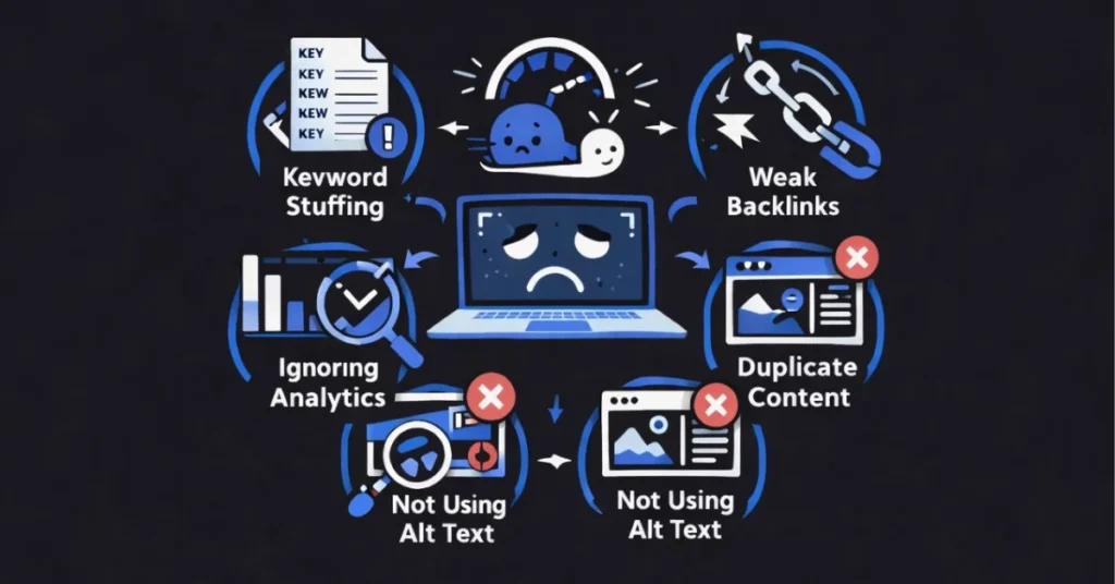 Illustration showing common SEO mistakes such as keyword stuffing, weak backlinks, duplicate content, ignoring analytics, and missing alt text. Best Digital Marketing Specialist In Alappuzha