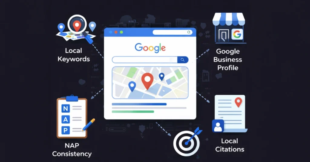 Illustration of local SEO showing Google search map results, Google Business Profile, local keywords, NAP consistency, and local citations. Best Digital Marketing Specialist In Alappuzha