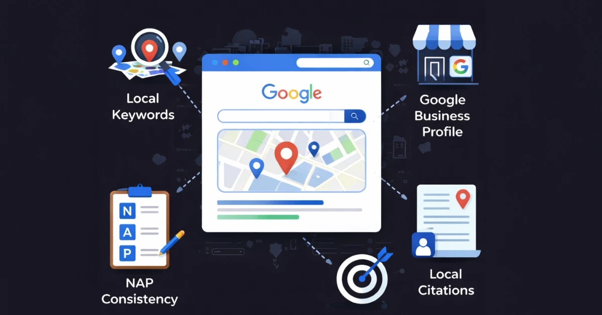 Illustration of local SEO showing Google search map results, Google Business Profile, local keywords, NAP consistency, and local citations. Best Digital Marketing Specialist In Alappuzha