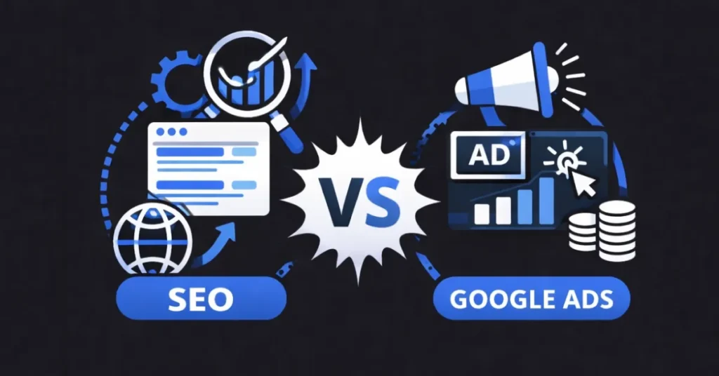 Illustration comparing SEO and Google Ads showing organic search growth versus paid advertising results. Best Digital Marketing Specialist In Alappuzha