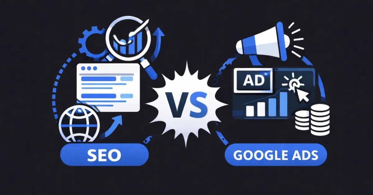 Illustration comparing SEO and Google Ads showing organic search growth versus paid advertising results. Best Digital Marketing Specialist In Alappuzha